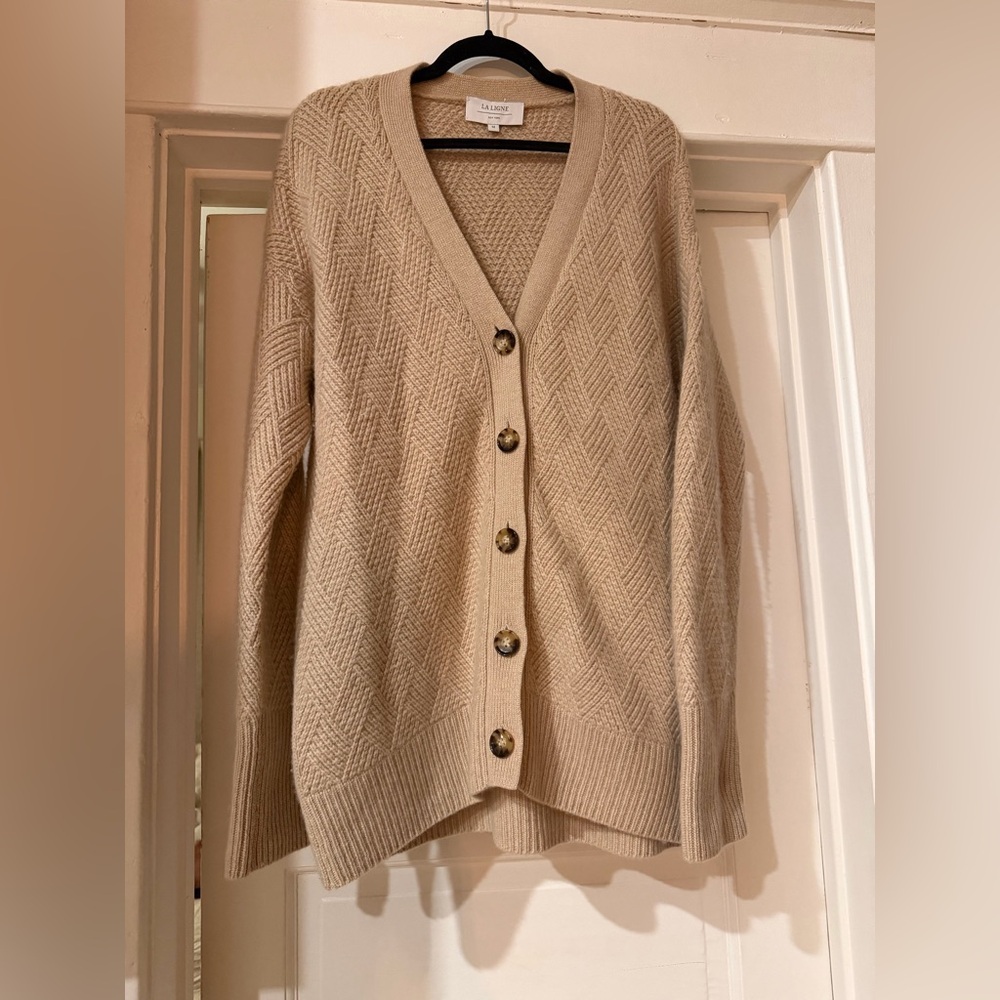 La Ligne Basket Stitch 100% Cashmere V-Neck Button Cardigan